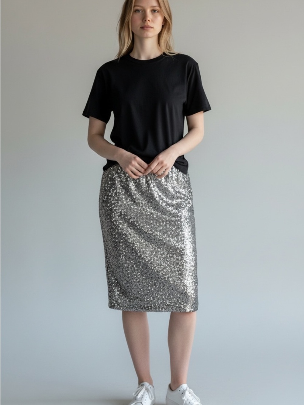 Worthington Metallic Silver Sequin Midi Skirt